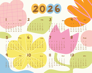 Obraz na płótnie Canvas 2026 Monthly calendar 12 months template. Cute design layout calendar week starts on sunday with abstract flower on beige background. Use for New year, business, print.