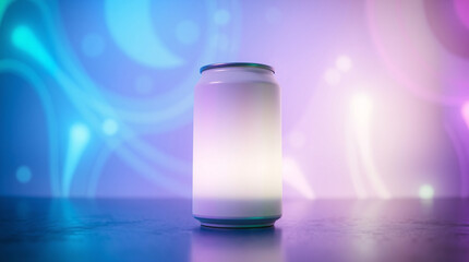 Glowing beverage can with neon blue and pink vapor, creating a futuristic atmosphere.