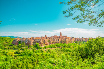View of the old town of Pitigliano. Summer in Italy. Trip to Europe.