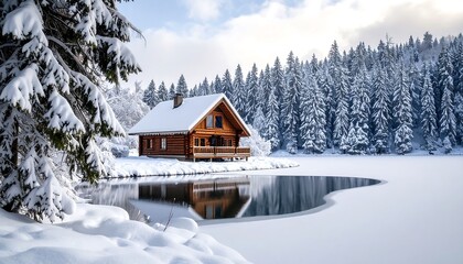 Snowy cabin by frozen lake