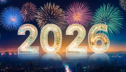 New Year 2026 celebration with glowing golden numbers and colorful fireworks over city skyline at night, festive countdown party atmosphere.