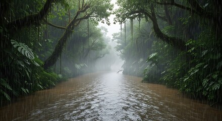 A misty rainforest river, teeming with lush greenery, is embraced by a heavy rain shower.