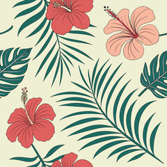 Vector art of a vibrant seamless pattern featuring hibiscus flowers and tropical leaves, creating a lush and exotic design that evokes the essence of a tropical paradise, perfect for summer themes