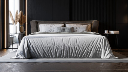 Modern Minimalist Bedroom Interior with Dark Walls and Elegant Lighting
