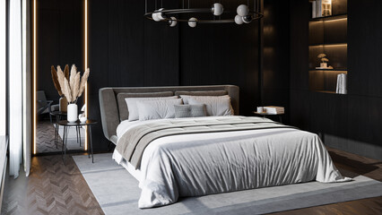 Modern Minimalist Bedroom Interior with Dark Walls and Elegant Lighting
