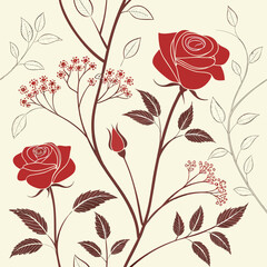 Vector art of charming seamless pattern showcasing red roses and delicate floral accents on a light beige background, creating a romantic and timeless design suitable for various creative projects