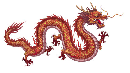 Fototapeta premium A majestic red Chinese dragon with detailed scales and horns.