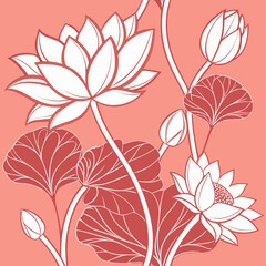 Vector art of elegant illustration of lotus flowers and leaves on a coral background, showcasing a botanical pattern with a touch of floral grace and a vintage aesthetic