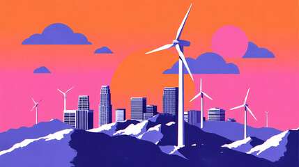 A vibrant geometric illustration of urban windmills in a modern flat style, featuring bold contrasting colors and minimalistic shapes against a city skyline. This contemporary artwork merges renewable