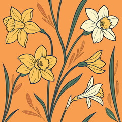 Vector art of seamless pattern with daffodils on orange background, vintage floral design with narcissus flowers, retro botanical print, elegant spring textile, hand drawn vector illustration