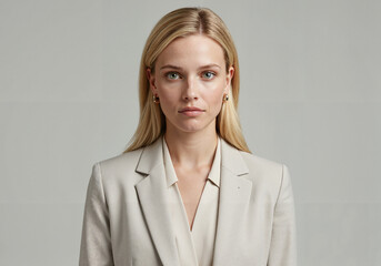 Young woman in beige suit posing confidently against neutral background