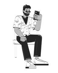Black man in patterned shirt comfortably browsing smartphone doodle linear character. African american bearded guy daily 2D vector outline person isolated. Hand drawn drawing illustration monochrome