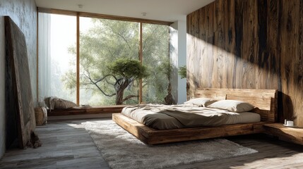 An exquisite bedroom in a modern home, featuring a king-size wooden bed with a backdrop of natural light and serene outdoor views.
