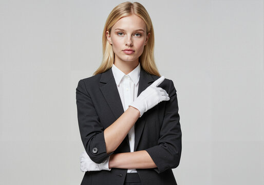 Young woman in suit with gloves pointing in a neutral background - Powered by Adobe