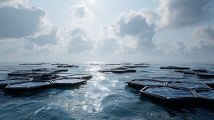 An abstract view over the ocean with floating platforms during a beautiful sunny day. Evoking a sense of wonder, serenity and technological advancement.
