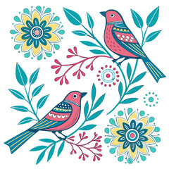 Vector art of two birds perched on a branch surrounded by flowers and leaves, creating a vibrant and whimsical folk art illustration the design is colorful and cheerful