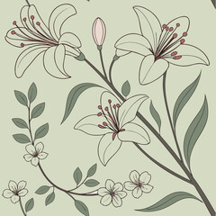 Vector art of elegant floral pattern with lilies and cherry blossoms on a soft green background, creating a serene and timeless design perfect for various creative projects and applications