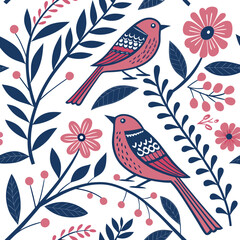 Vector art of seamless pattern with stylized bird, flowers and leaves floral ornament in folk style abstract botanical wallpaper hand drawn vector illustration in pink and blue
