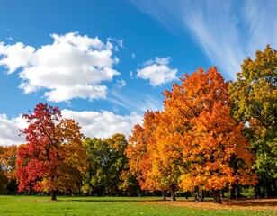 Autumn trees in a park under a vibrant blue sky