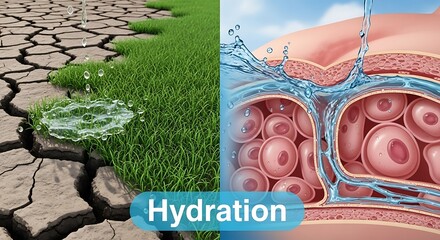 A comparison of hydration in nature and living organisms, showcasing the importance of water for both dry land and internal systems.