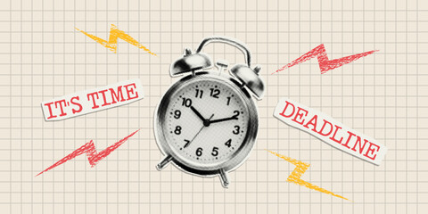 Vintage paper alarm clock in halftone effect. Collage concept time, time management, deadline.