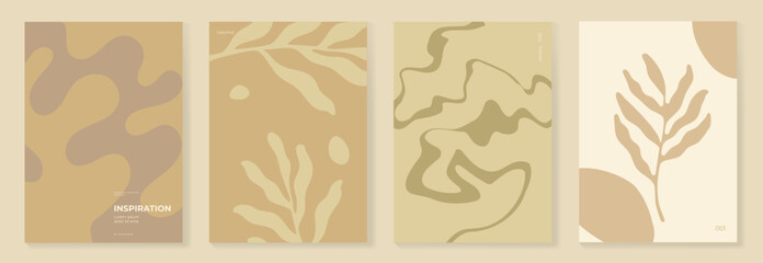 Abstract botanical poster vector set. Leaves, flower in earth tone colors. Illustration design for Eco packaging, interior, cover, wall art, wallpaper. 
