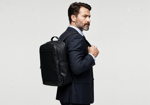 Professional man wearing a suit and carrying a black backpack  