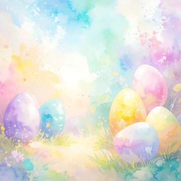 Pastel Easter eggs in a watercolor scene