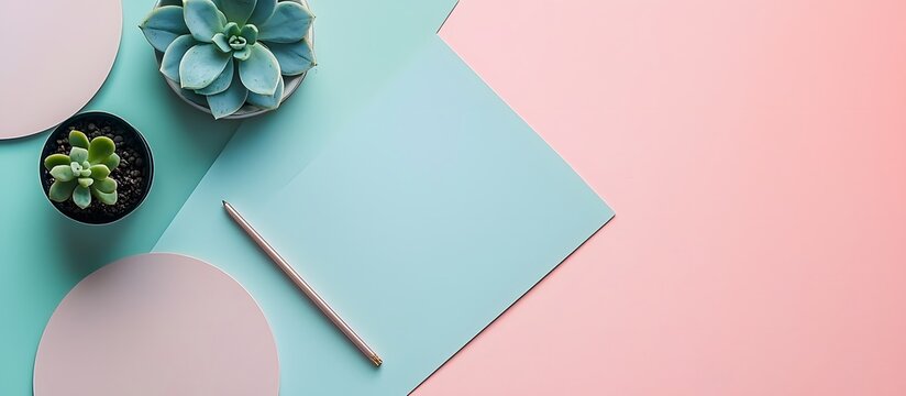 workspace desk styled design office supplies with cactus on  pastel background minimal style