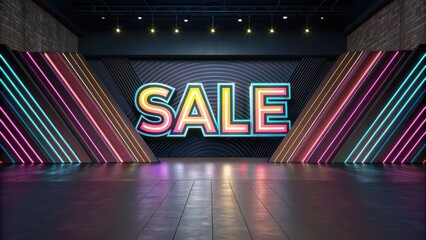 bargain hunt Vibrant sale sign illuminated in a modern retail space with dynamic lighting effects.