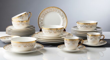 Elegant White and Gold China Dinnerware Set with Plates, Bowls, and Cups