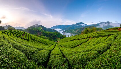 Naklejka premium Panoramic sunrise view of terraced tea plantations nestled in a valley, mist clinging to distant mountains