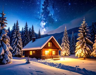 Snowy cabin nestled in a winter forest under a starry night sky