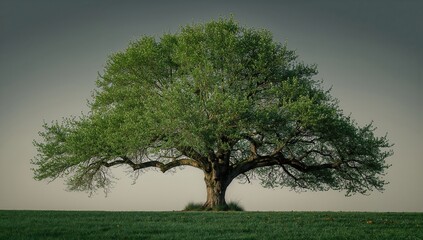 Fototapeta premium A solitary tree with vibrant green leaves, set against a gradient sky, evoking a sense of tranquility