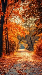 Fototapeta premium Autumnal path lined with vibrant orange and red trees