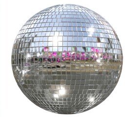 Shiny disco ball on white background reflecting a colorful outdoor scene with cars and trees