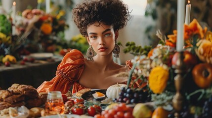High-fashion portrait of a woman wears a luxurious, vintage-inspired gown sitting behind an opulent feast with different food