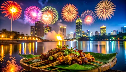 Festive night in a modern metropolis with colorful fireworks illuminating the skyline and delicious grilled street food