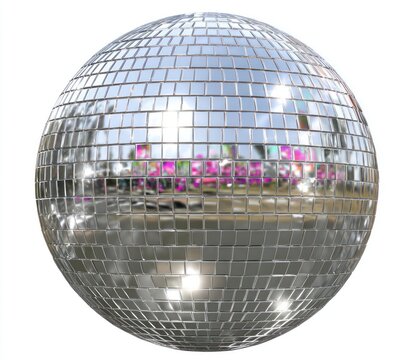 Shiny disco ball on white background reflecting a colorful outdoor scene with cars and trees - Powered by Adobe