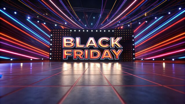 early black friday deal Bright stage with "BLACK FRIDAY" display, featuring dynamic lights and reflections on the floor.