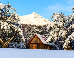 Snowy cabin nestled in mountain valley