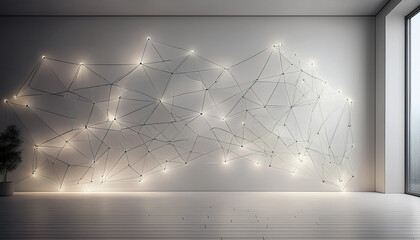 Abstract geometric light network art installation on a plain wall in a modern room background
