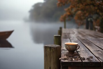 Naklejka premium A serene lakeside dock with a steaming cup of herbal tea placed on a wooden post. Mist drifts over the water. The mood feels quiet and meditative