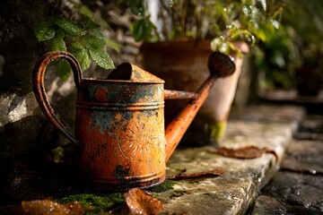 Rusty garden watering can leans against cracked terra cotta pot on sunlit mossy patio.