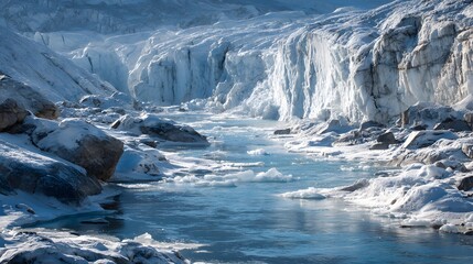 Glacier melting rivulets form silver streams across ice fields beneath clear morning skies.