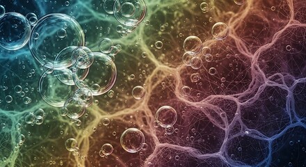 A vibrant, colorful, and detailed macro view showcases intricate patterns of interconnected lines and various sized bubbles, creating a mesmerizing and captivating visual experience.