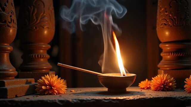 Atmospheric Hindu Prayer Scene with Agarbatti and Lamp in Temple Setting for Religious Ceremony and Spiritual Reflection 4K Video Footage