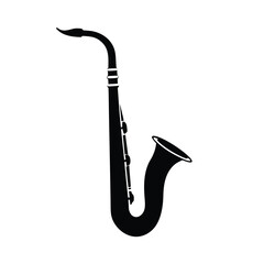 Black silhouette of a saxophone on a clean white background