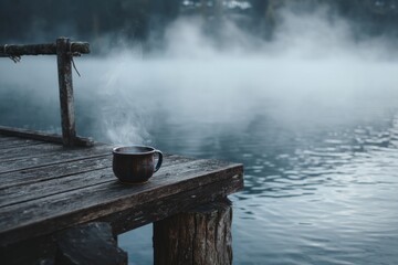 Naklejka premium A serene lakeside dock with a steaming cup of herbal tea placed on a wooden post. Mist drifts over the water. The mood feels quiet and meditative