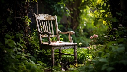 Weathered chair in overgrown garden